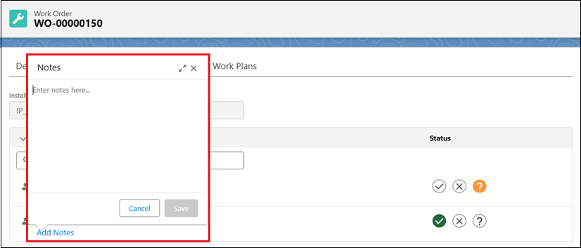 Notes pop-up window with a text field for entering note content and Save and Cancel buttons.