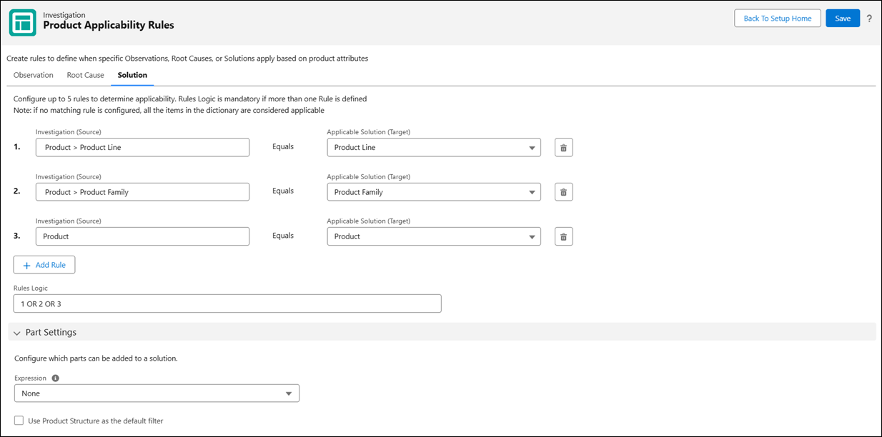 Part Settings section on the Solution tab of the Product Applicability Rules page, showing the Expression dropdown and the Use Product Structure as the default filter checkbox.