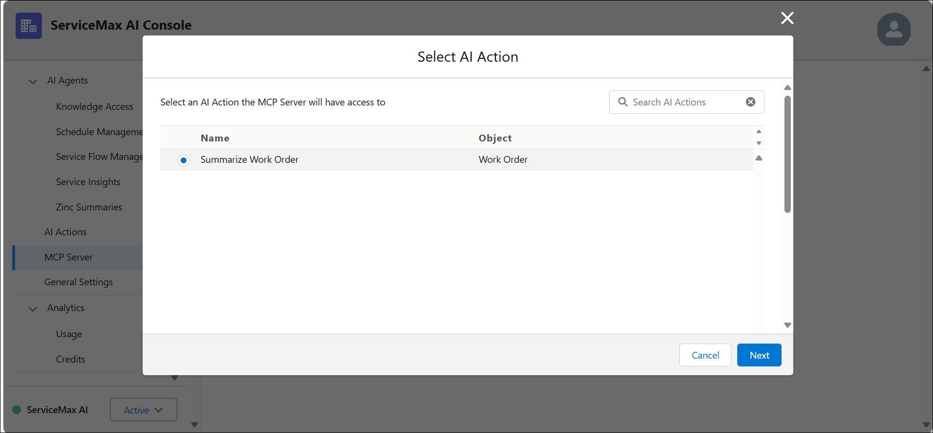 Select AI action Window