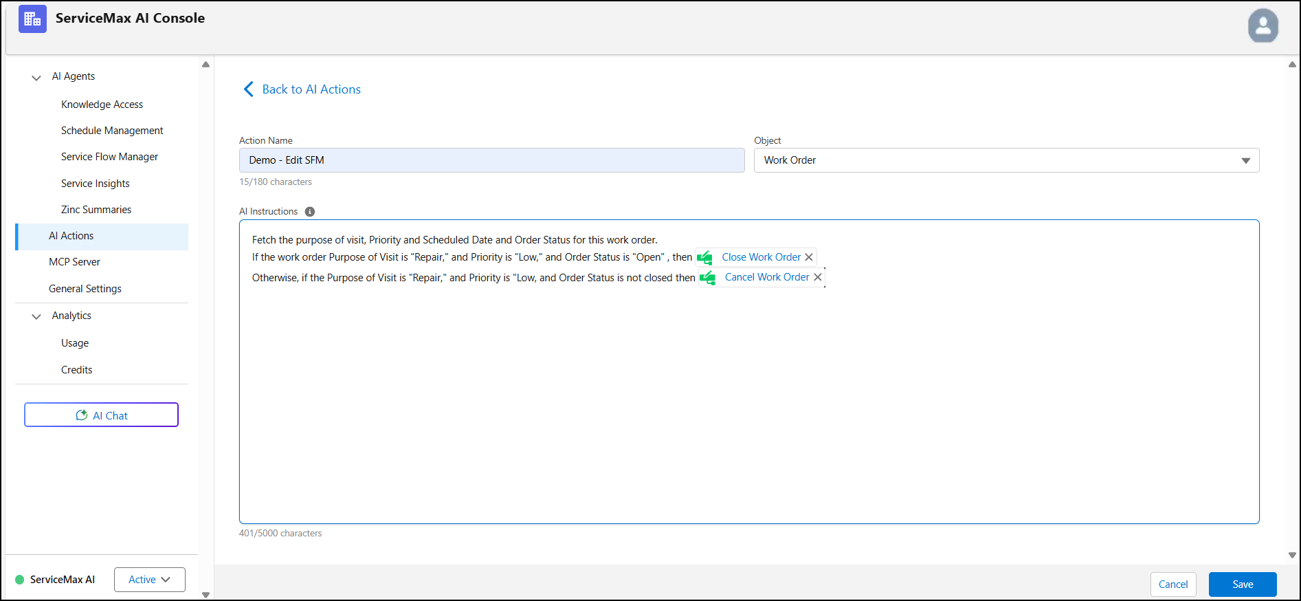 SFM Transaction for AI Instructions Window for Updating Existing Record