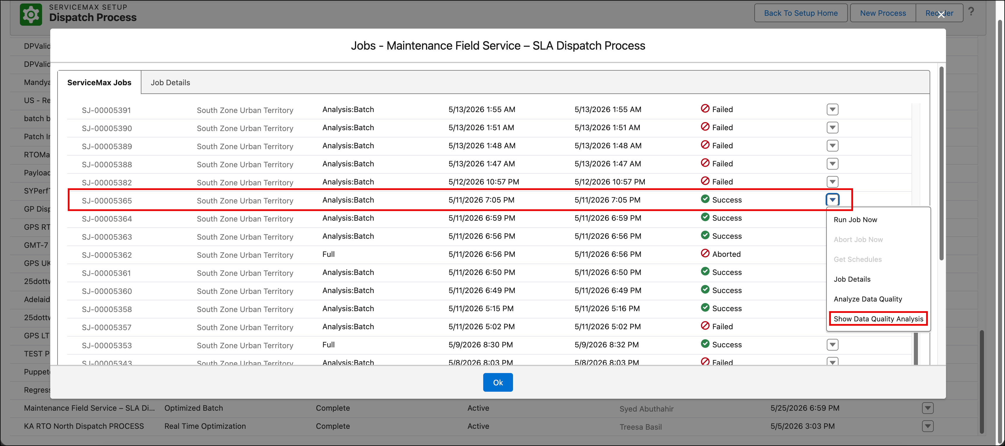 The image displays the option to select Data Quality Analysis for the job