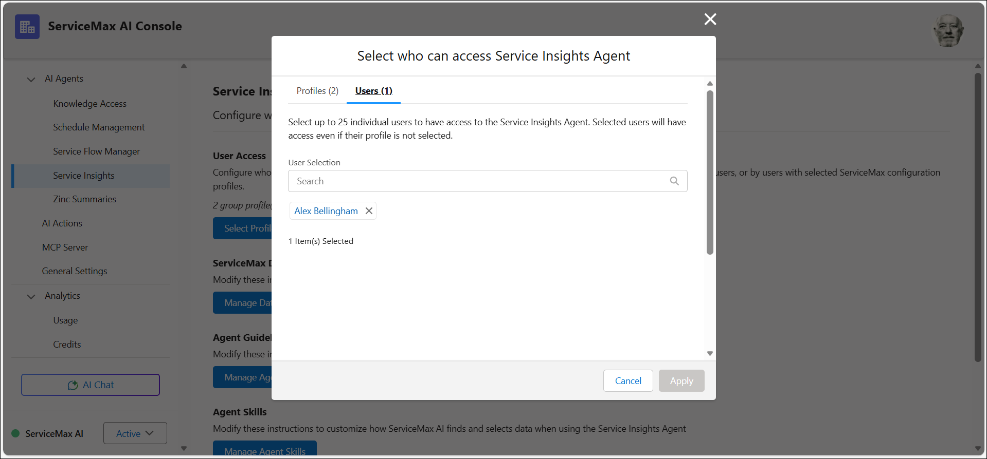 Users Tab for Service Insights Agent Users Tab for Service Insights Agent