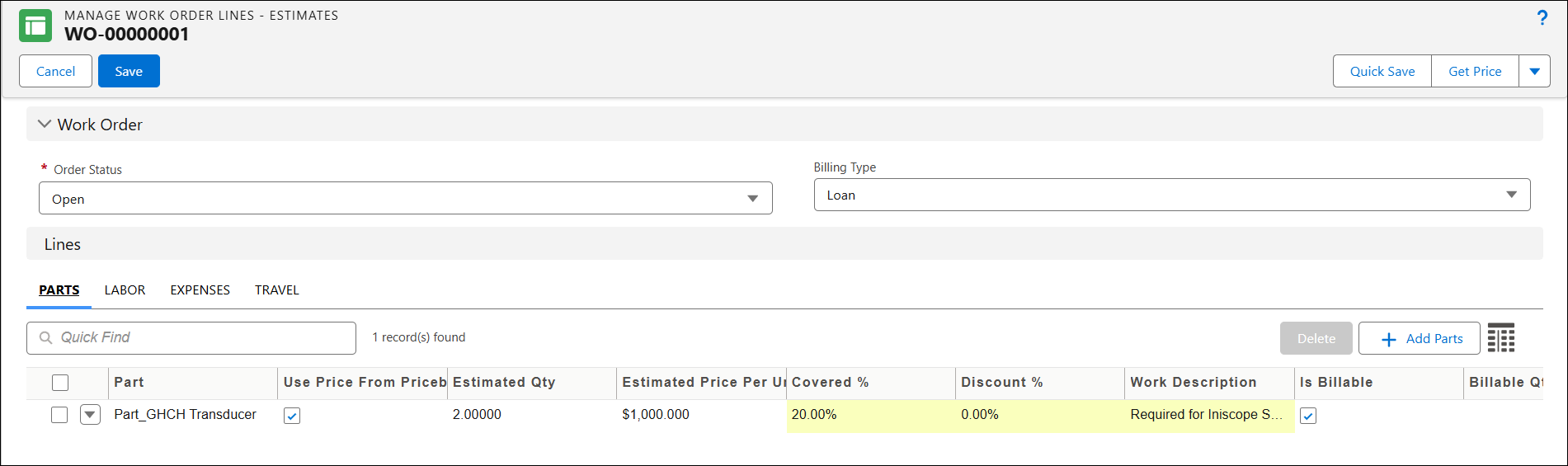 Work Order Lines Estimates