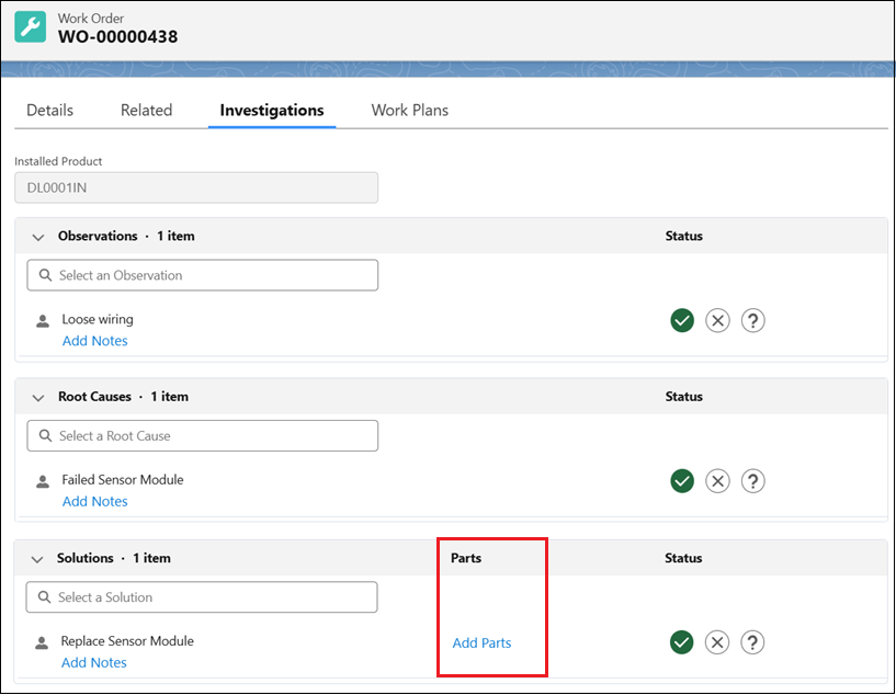 Solutions section displaying only the Parts column