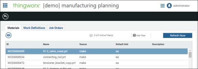 Materials tab from Manufacturing Planning.