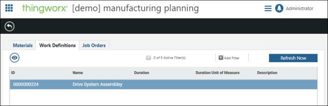 The Work Definitions tab from Manufacturing Planning.