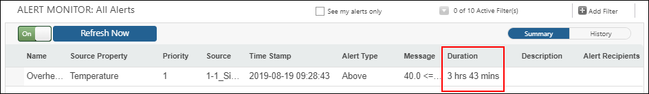 Screenshot highlighting the duration display in Alert Monitoring.