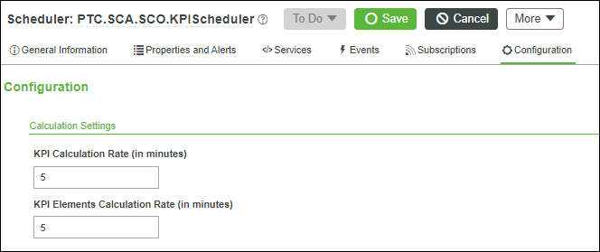 Screenshot of the Configuration page for the PTC.SCA.SCO.KPIScheduler Thing