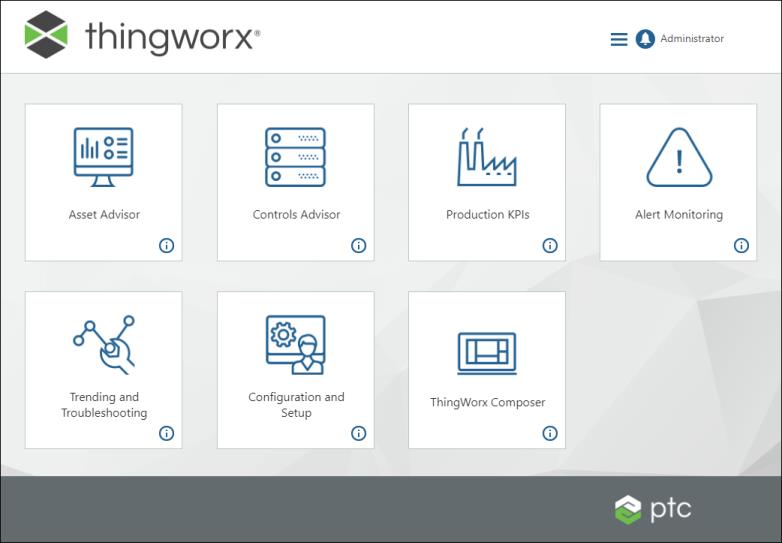 ThingWorx Apps main console page with default tiles.