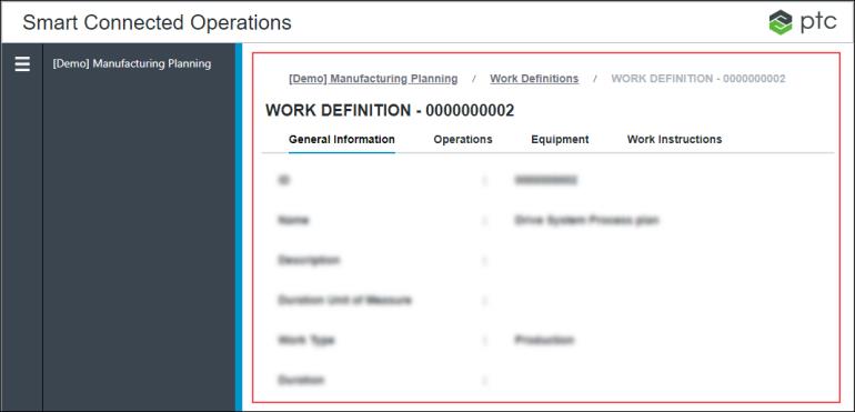 Work definition detail page, with the contained mashup blurred.