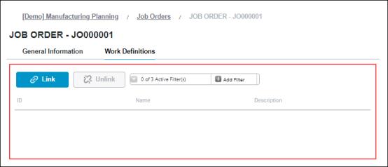 The Work Definitions page for a job order.