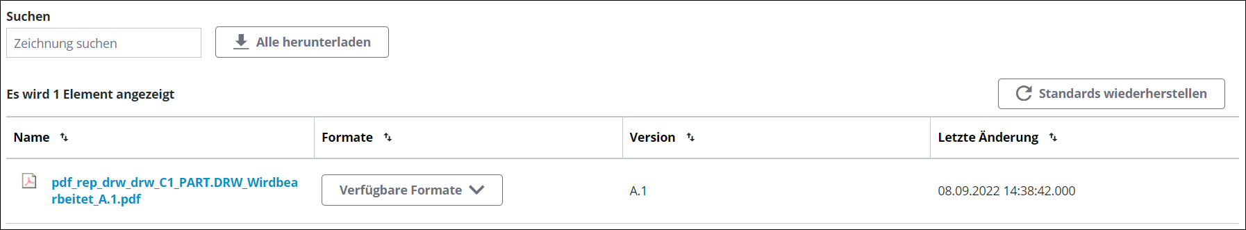 Screenshot der Komponente "Zeichnungen" aus der Aufgabe "Zeichnungen anzeigen"