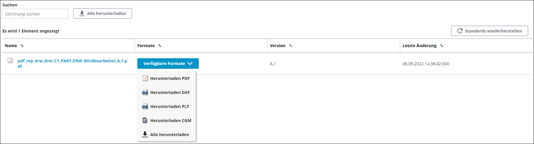 Screenshot der Komponente "Zeichnungen" aus der Aufgabe "Zeichnungen anzeigen" mit erweiterten Dropdown-Menü "Verfügbare Formate"