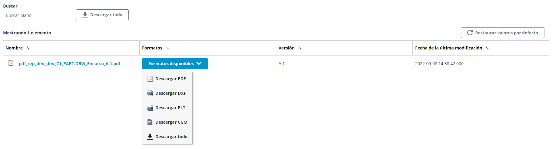 captura de pantalla de componente Planos de la tarea Visualizar planos que muestra el menú desplegable Formatos disponibles expandido