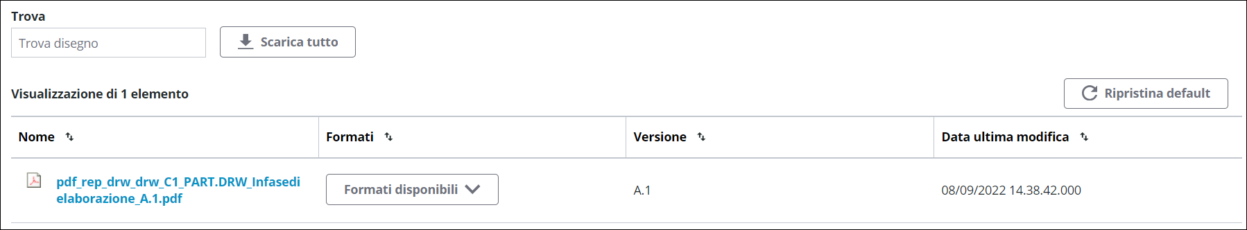 Schermata del componente Disegni dal task Visualizza disegni