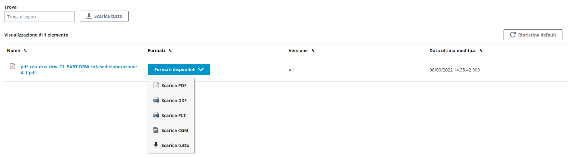 Schermata del componente Disegni dal task Visualizza disegni con la visualizzazione del menu a discesa Formati disponibili espanso