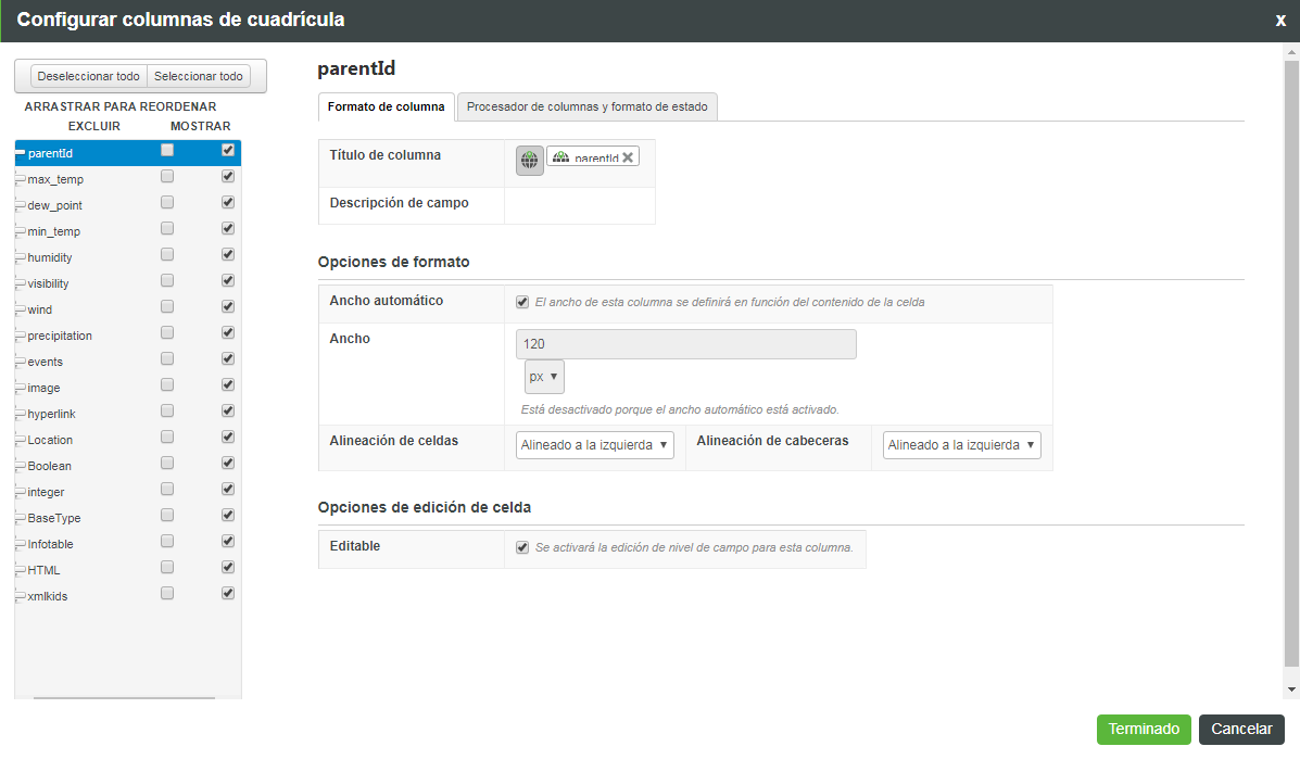Cuadro de diálogo de configuración Rejilla avanzada