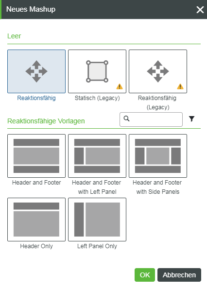 Das Fenster "Neues Mashup" mit leeren und reaktionsfähigen Vorlagenoptionen.