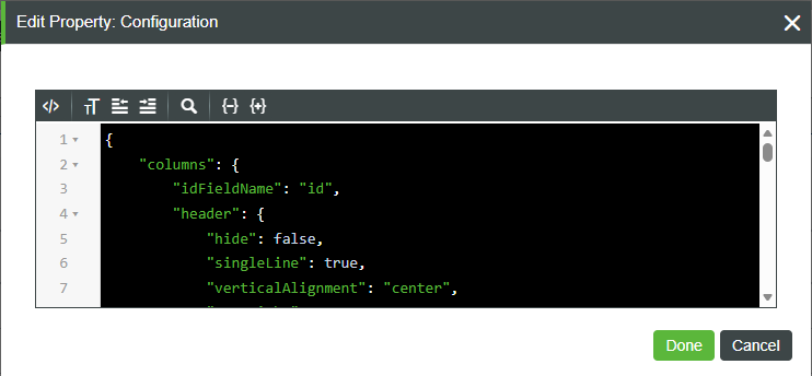 Configuration dialog showing how to paste validated JSON for the Grid widget Configuration dialog showing how to paste validated JSON for the Grid widget