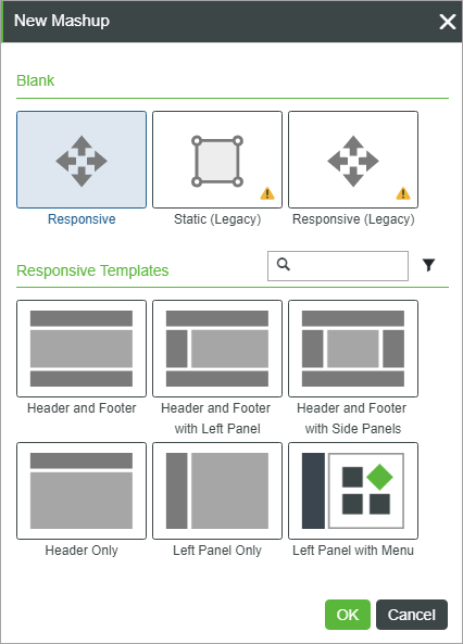 The New Mashup window showing blank and responsive template options.