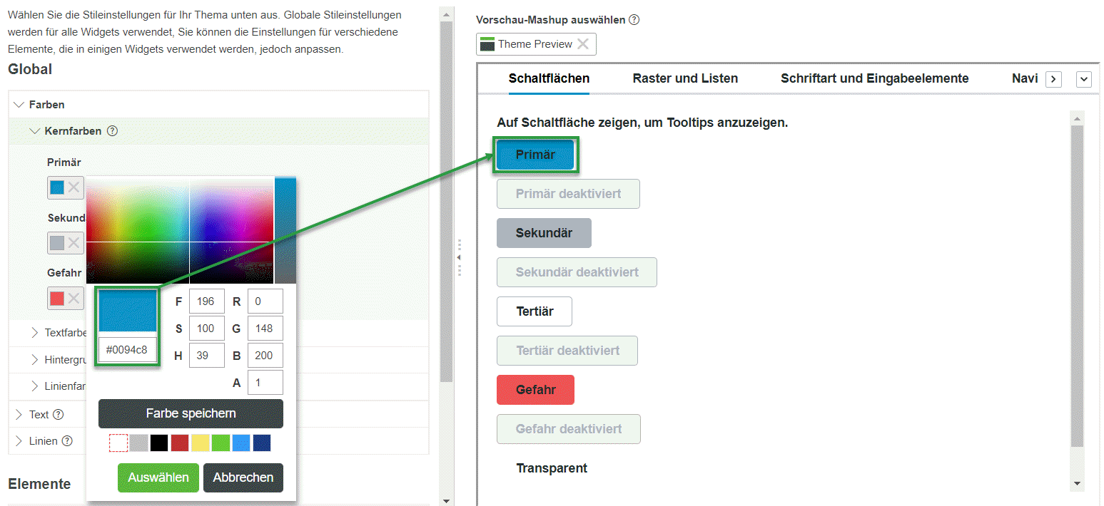 Registerkarte "Stil" in Mashup Builder