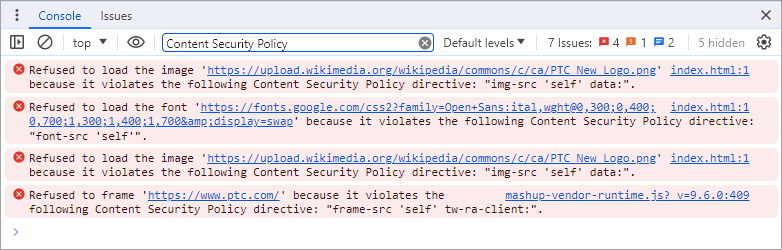 Browserkonsolen-Fehler für Content Security Policy-Anweisungen.