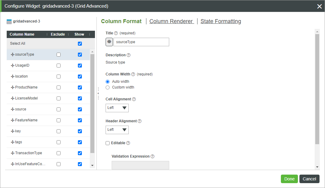 Advanced Grid configuration dialog box