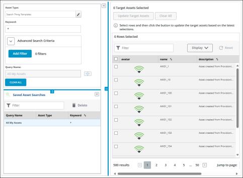 The asset search functionality: a filters pane on the top left, the Saved Asset Searches pane on the bottom left, and the search results pane on the right.