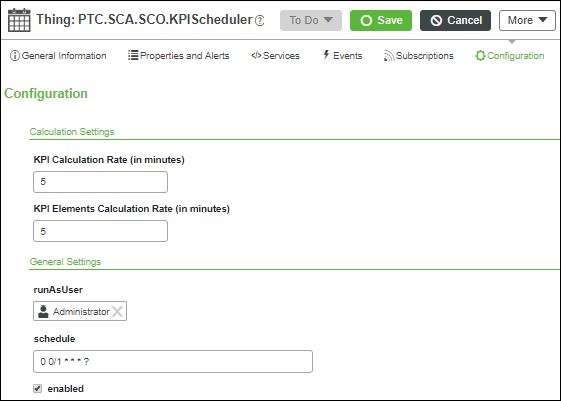 Screenshot of the Configuration page for the PTC.SCA.SCO.KPIScheduler thing