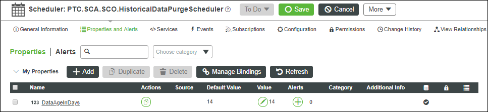 Historical data purge scheduler, Properties and Alerts page.