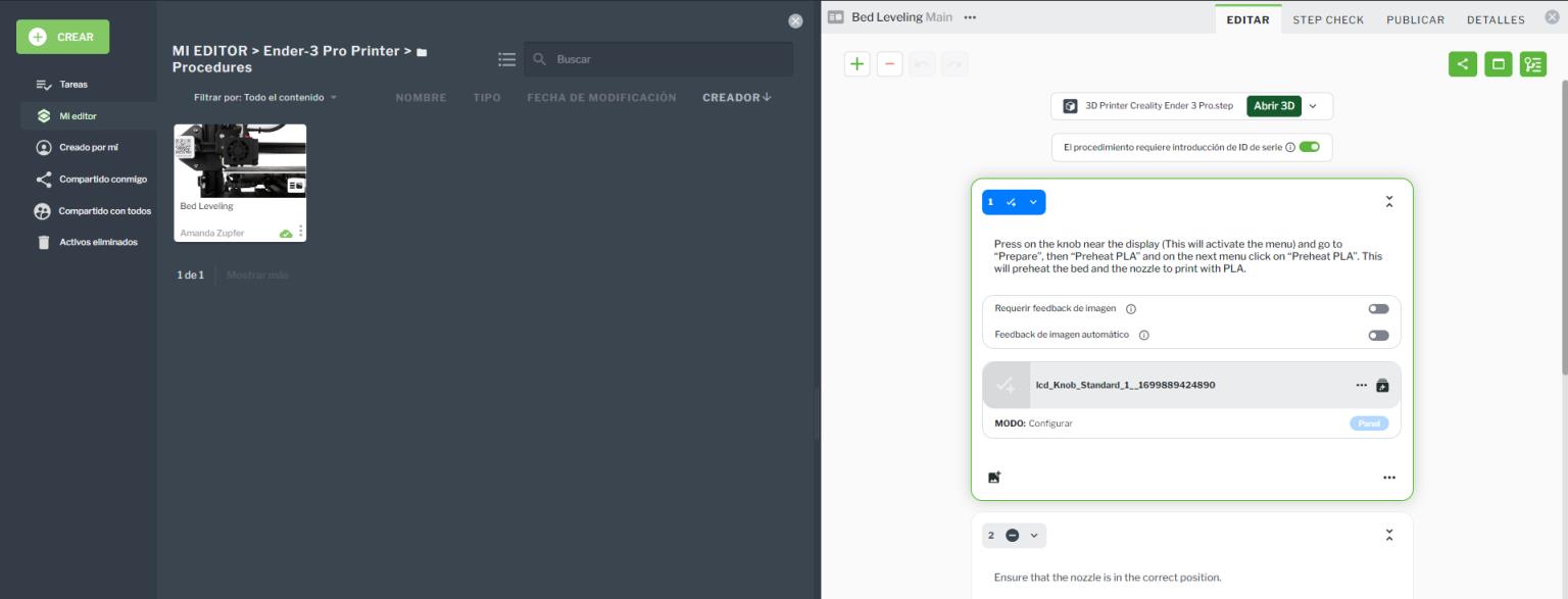 Paneles de la biblioteca de activos y del editor de procedimientos