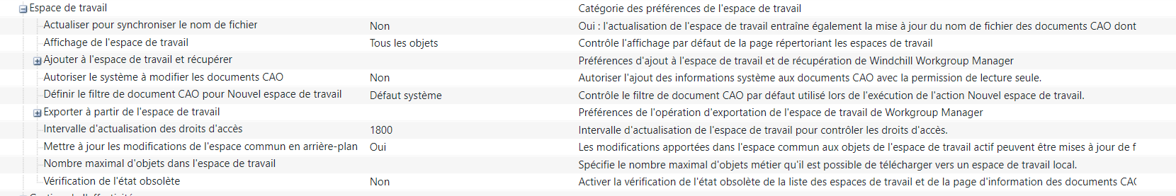 Nouvelle préférence Définir le filtre de document CAO pour le nouvel espace de travail