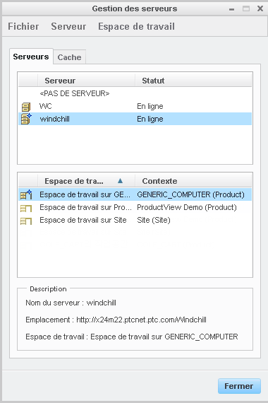 Fenêtre Gestion des serveurs