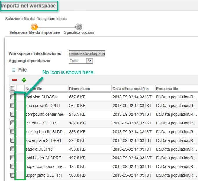 Finestra Importa nel workspace