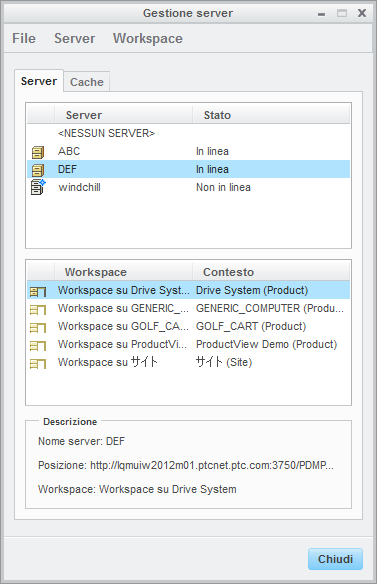 Finestra Gestione server