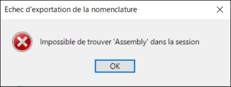 Message d'erreur Echec d'exportation de la nomenclature