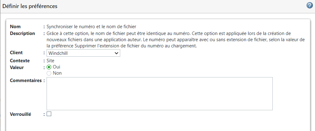 Fenêtre Synchroniser le numéro et le nom de fichier