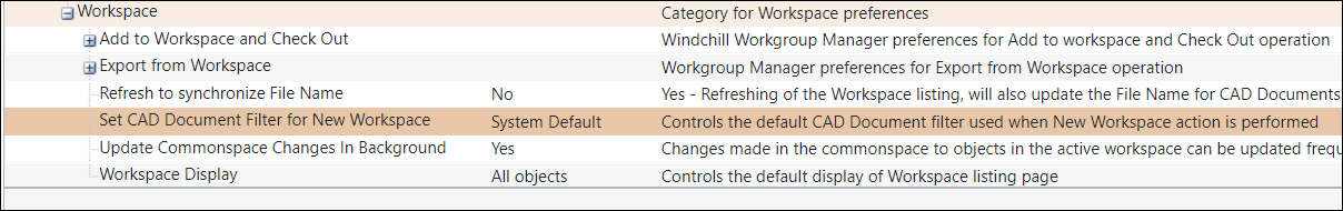 New preference Set CAD Document Filter for New Workspace
