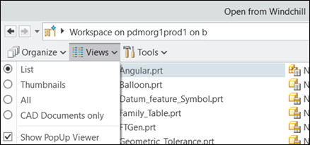 Views menu in Open from Windchill