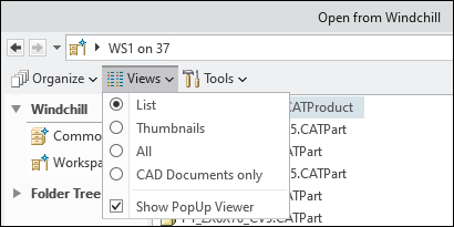 「Windchill から開く」の「ビュー」メニュー