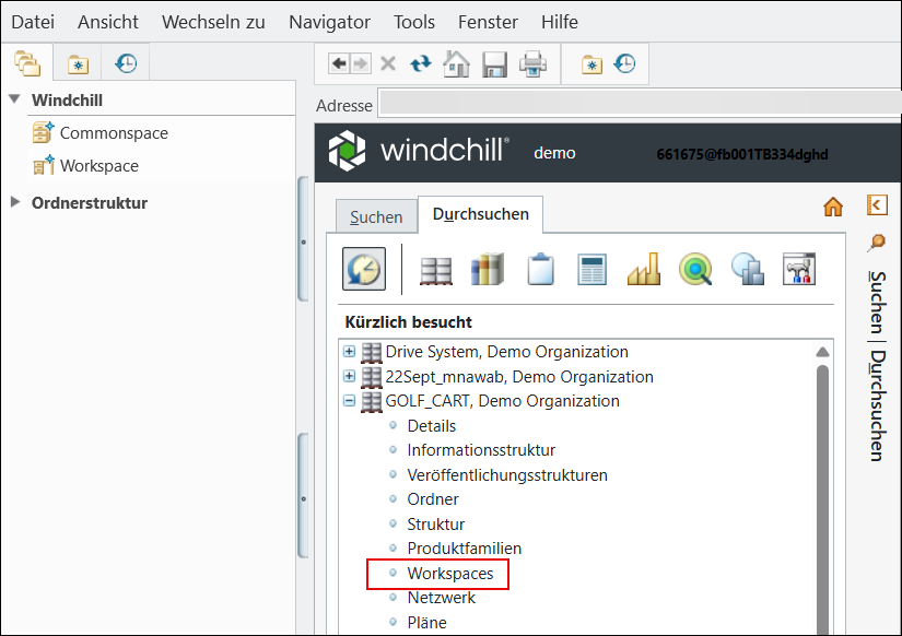 Workspace-Auswahl auf der Registerkarte "Durchsuchen"