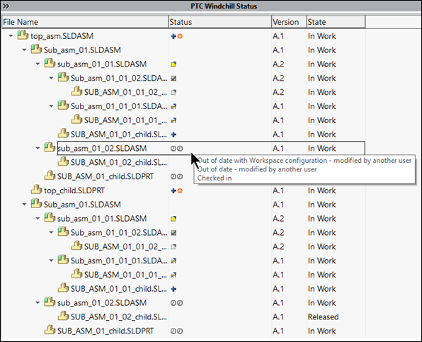 Windchill status in PTC Windchill Status tab