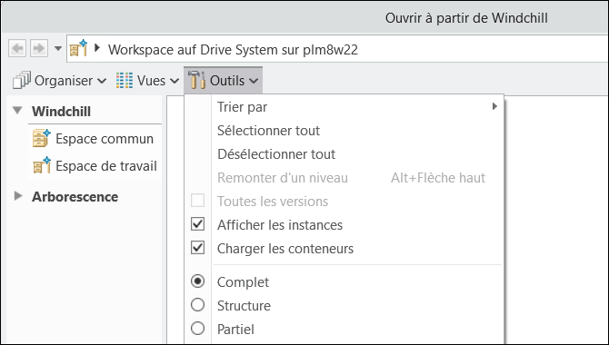 Fenêtre Ouvrir à partir de Windchill