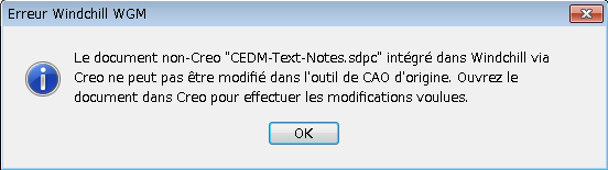 Avertissement dans l'outil CAO