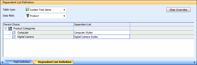 Dependent List Definition Pane with a Dependent List Configured