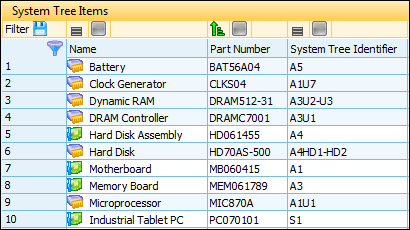 Filter Bar Showing System Tree Items Sorted in Ascending Order by Part Number
