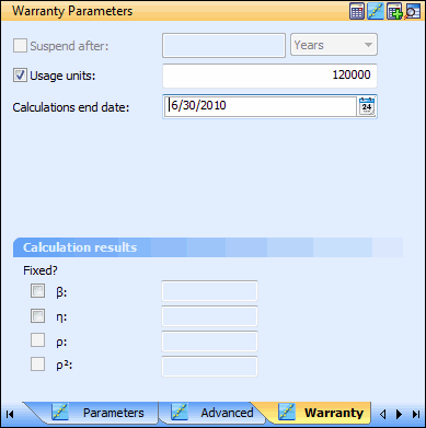 Warranty Parameters Pane for the Usage Values Format