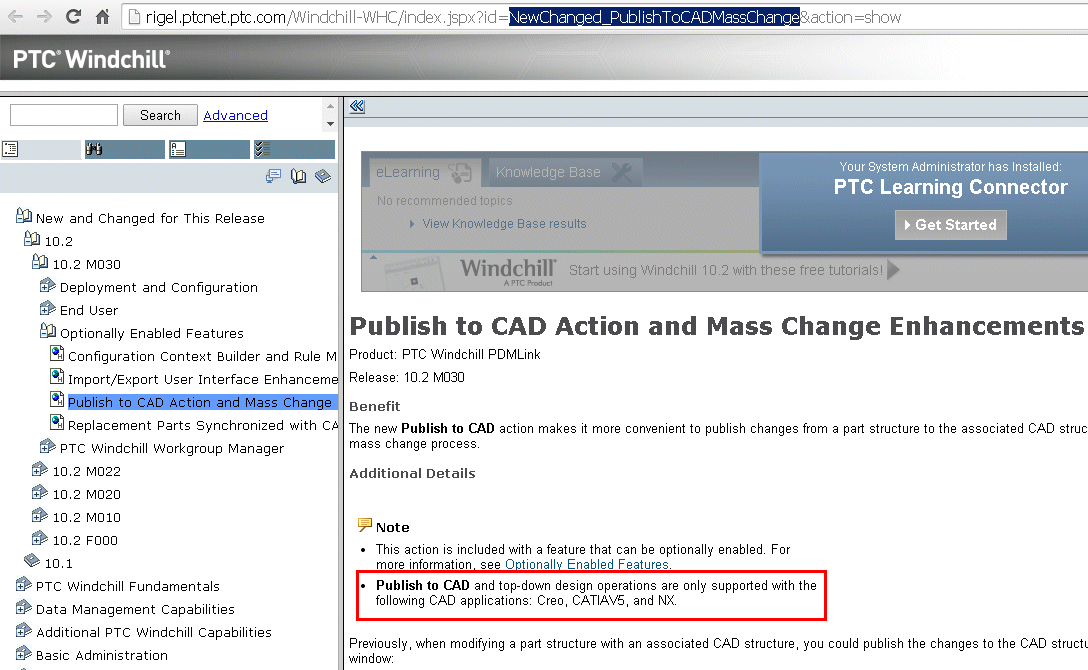 Cs0602 The Windchill Help Center Publish To Cad Action And Mass Change Enhancements 10 2 M030 Section Needs To Be Updated To Note That Mass Change Is Not Supported For Nx Cad Application