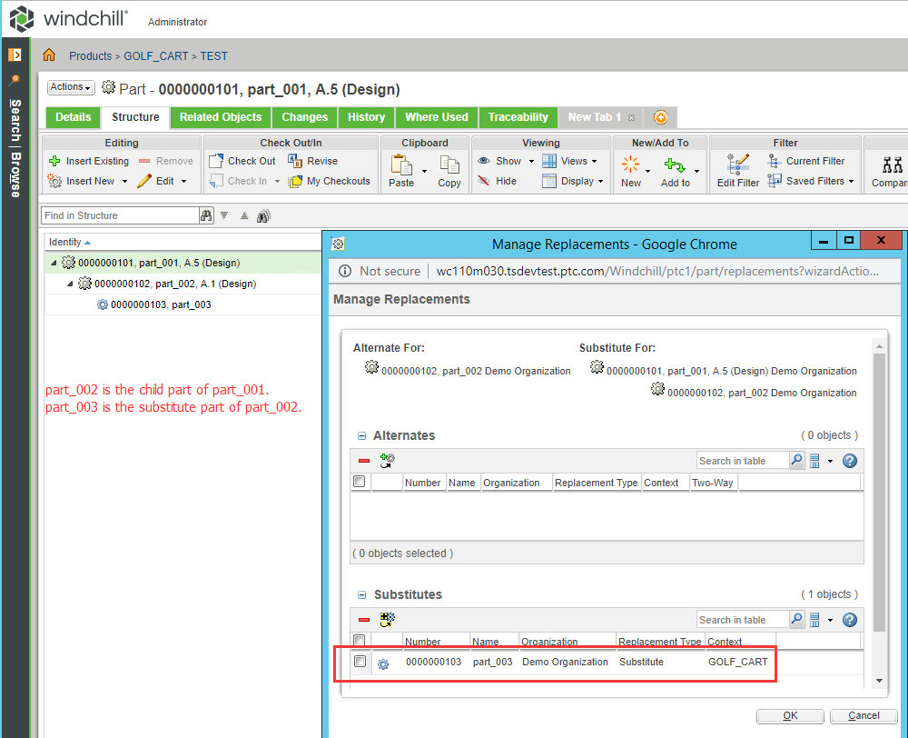 Cs 代替 代用と置換 メニューをクリックすると 子部品が代用部品になり Windchill Pdmlink 11 0 M030 で置換を行います