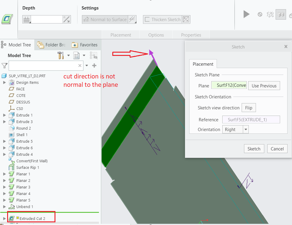 Cs Creo Parametricで曲げられていない板金部品の面を選択して フィーチャーを実行した場合 板金カットで取得されたスケッチ参照は正しくありません